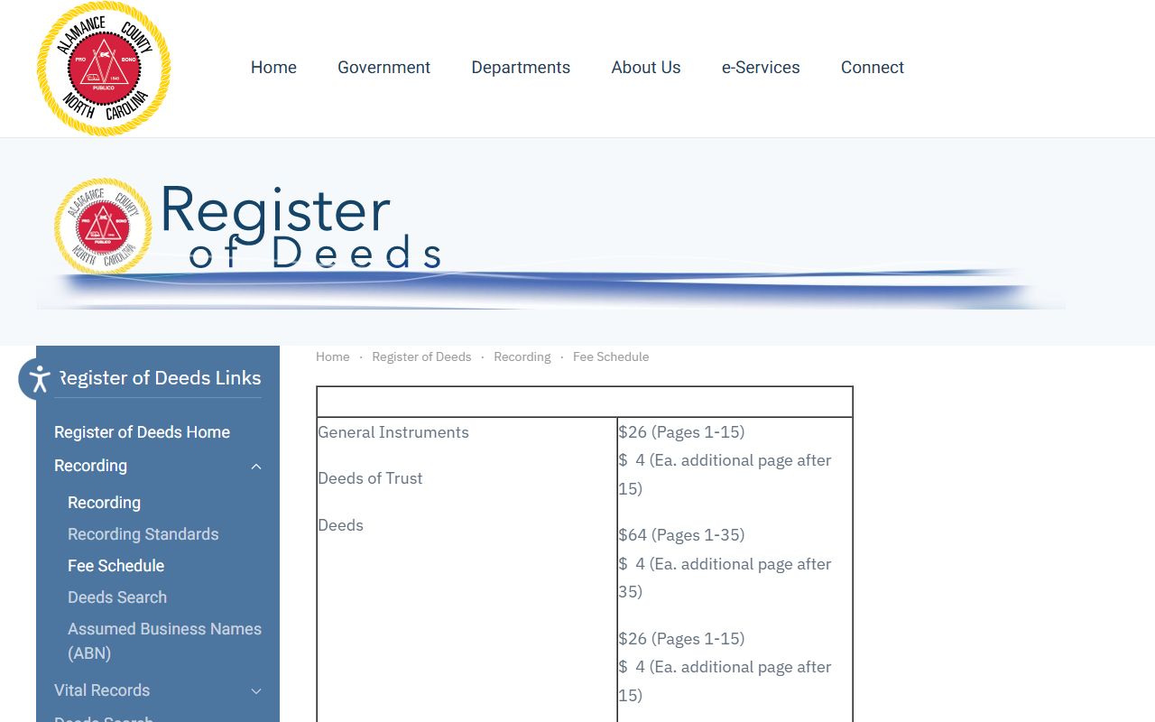 Alamance County Register of Deeds fee schedule for marriage license and recording services