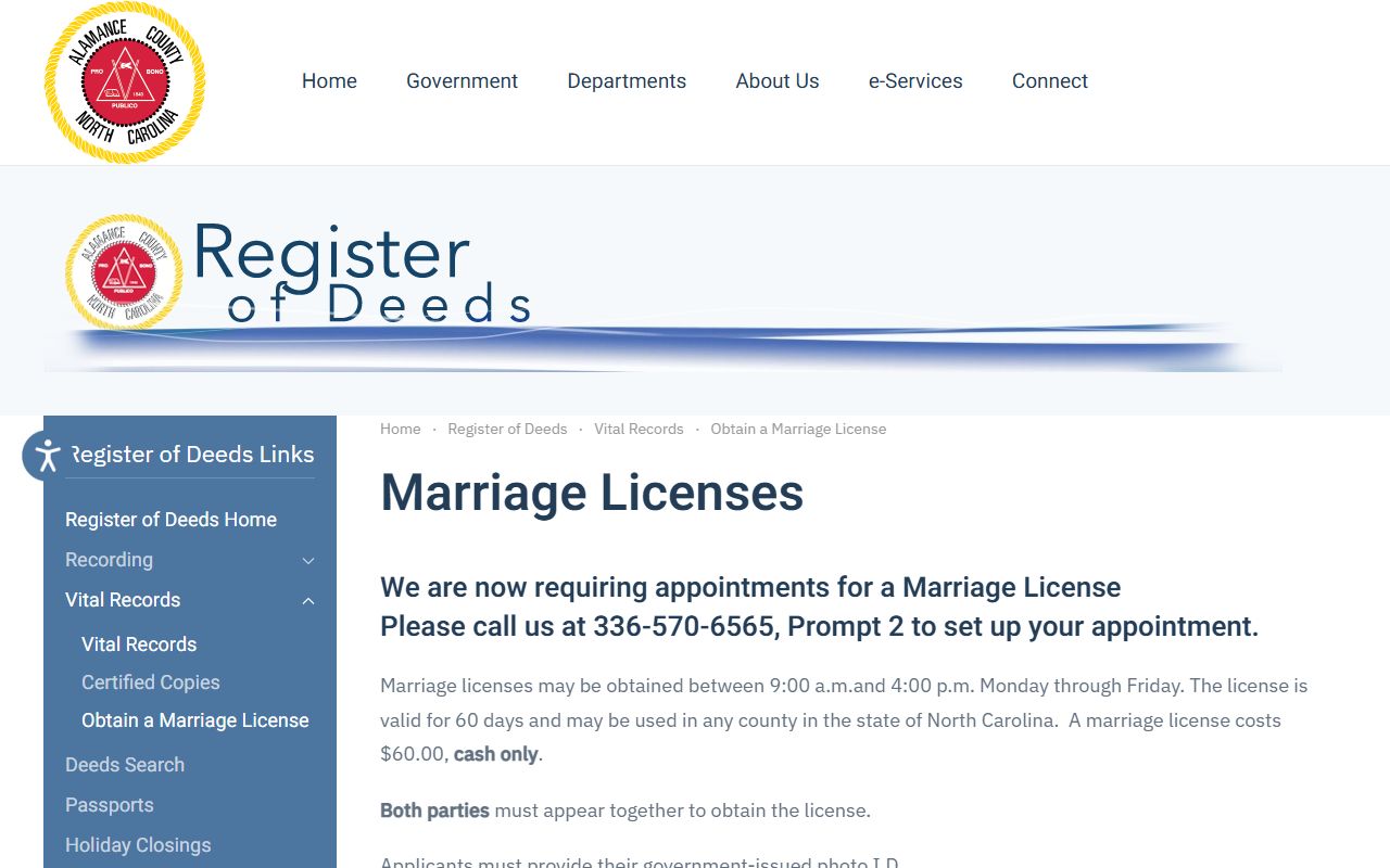 Alamance County marriage license requirements page