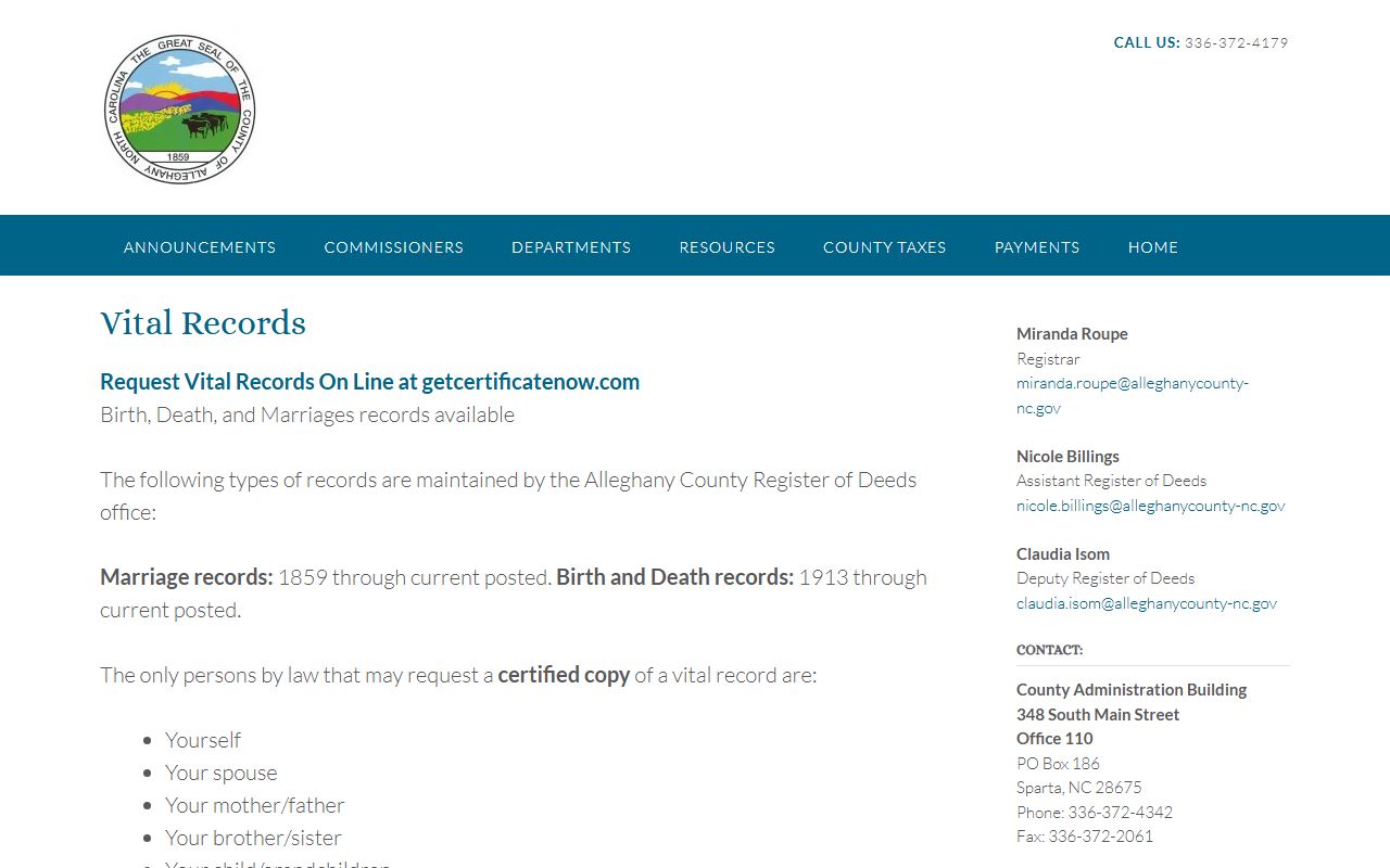 Alleghany County vital records page for marriage license copies