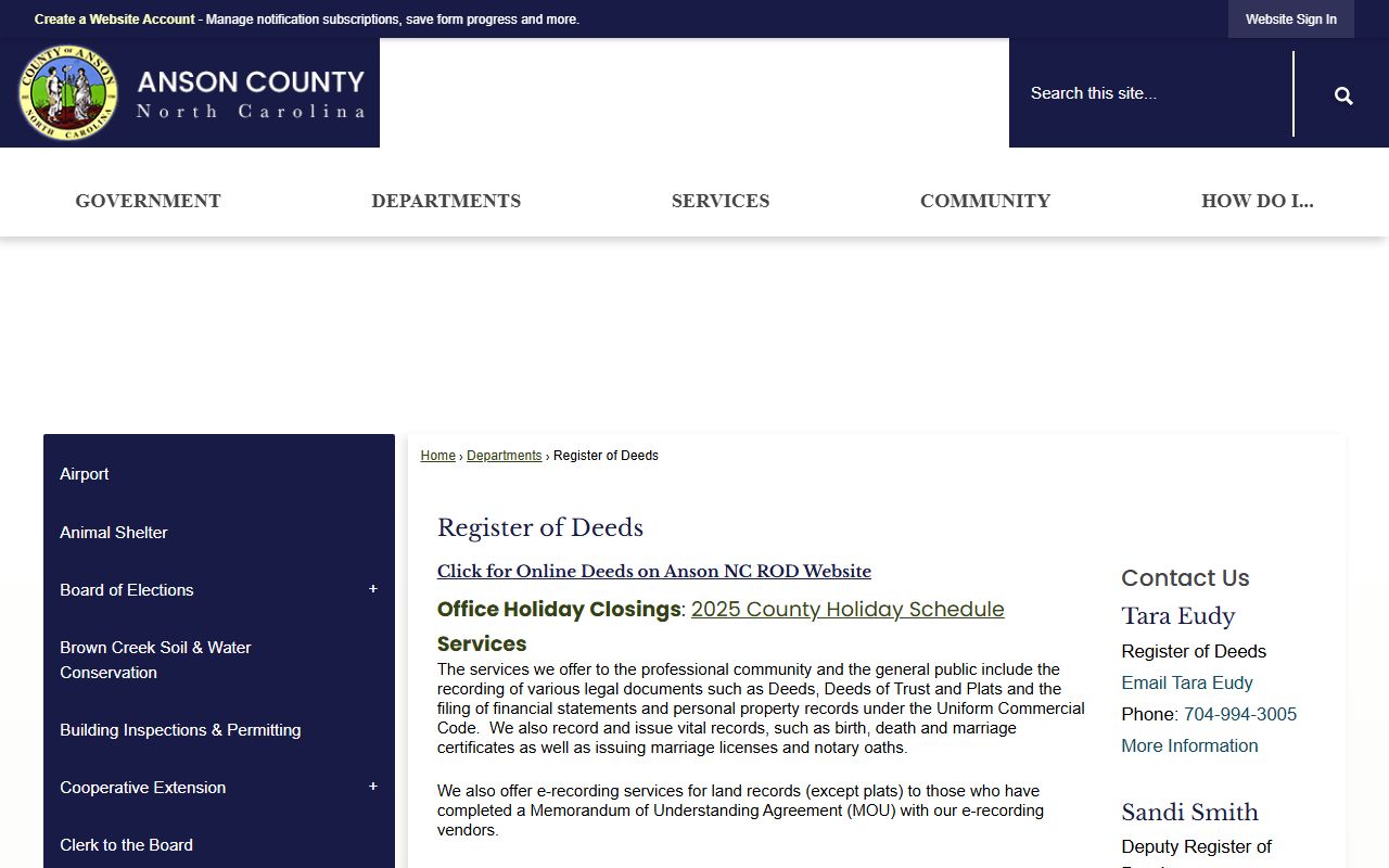 Anson County Register of Deeds website for marriage license services in Wadesboro