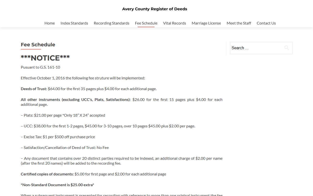 Avery County Register of Deeds fee schedule for marriage license and certified copies