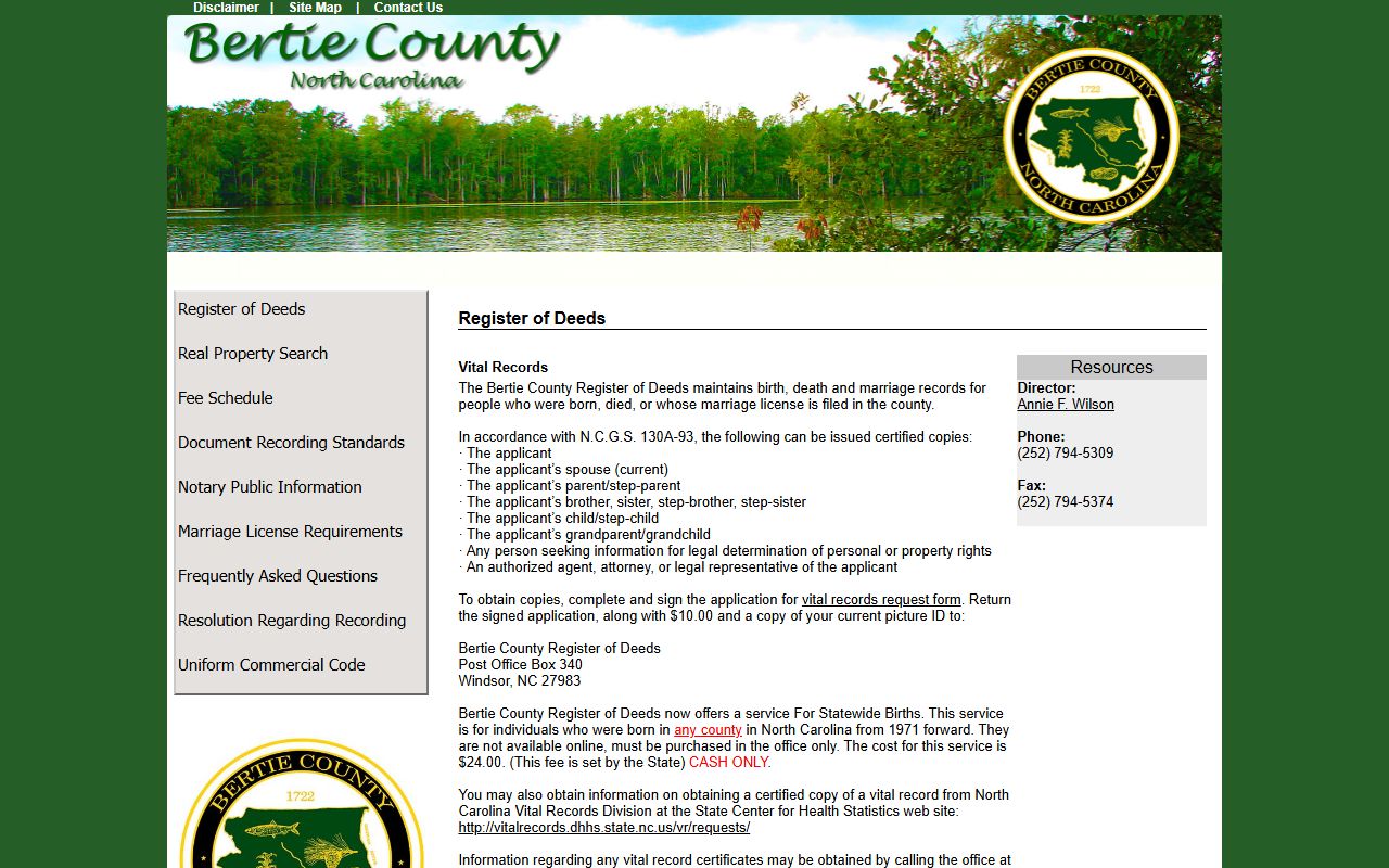 Bertie County Register of Deeds vital records page for marriage license services in Windsor