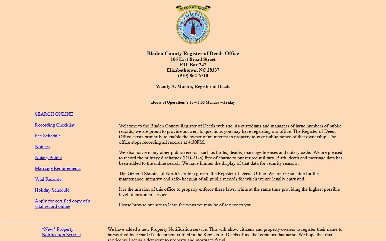Bladen County Register of Deeds website for marriage license services in Elizabethtown