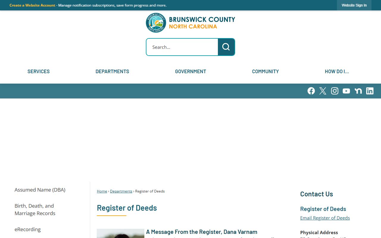 Brunswick County Register of Deeds office page for marriage license services in Bolivia NC