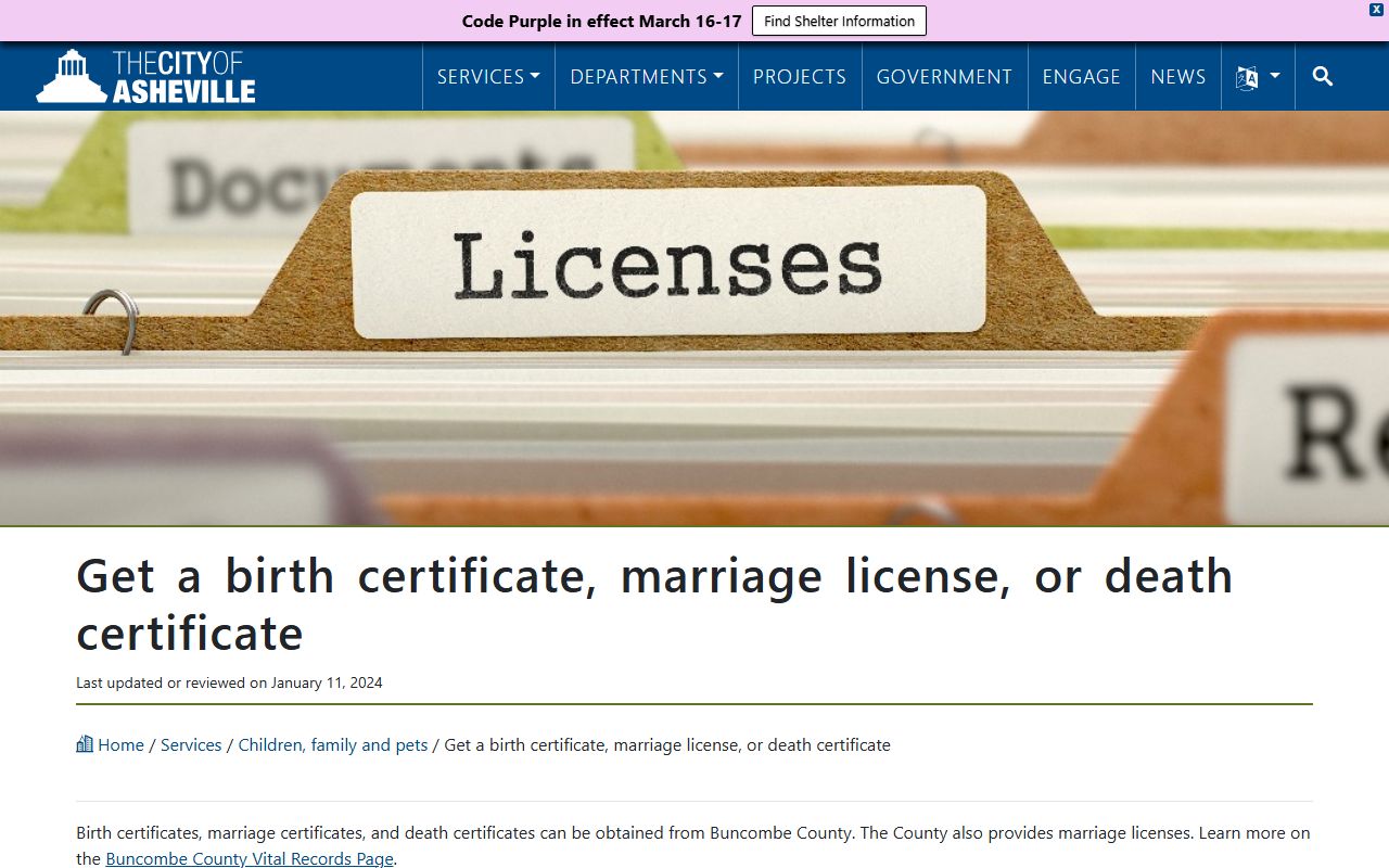 Asheville city services page for Buncombe County marriage license and certificate information