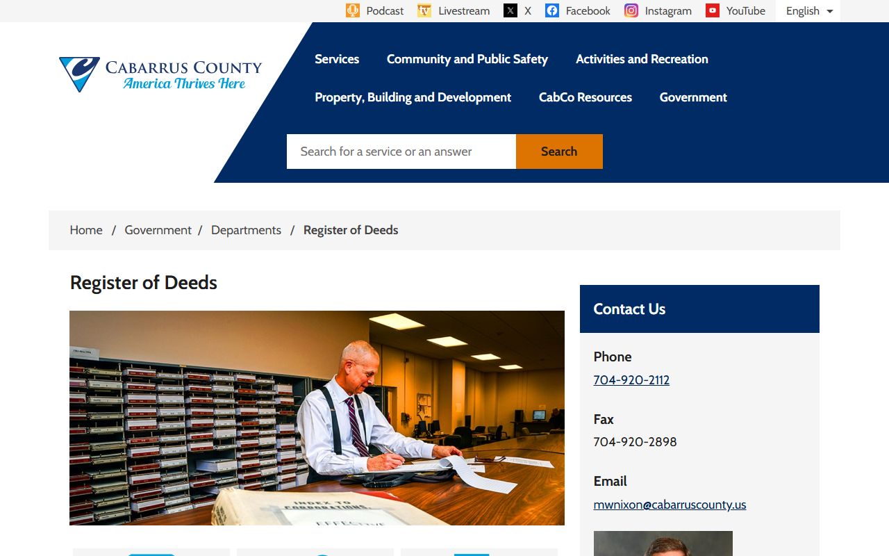 Cabarrus County Register of Deeds office page for marriage license services in Concord