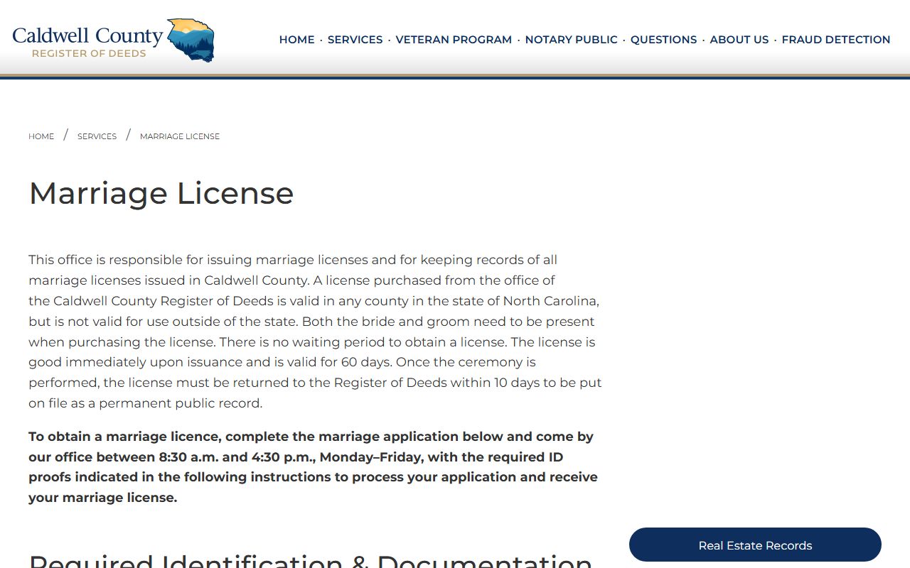 Caldwell County marriage license page with application details and requirements in Lenoir