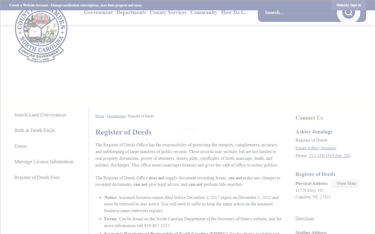 Camden County Register of Deeds office page for marriage license services