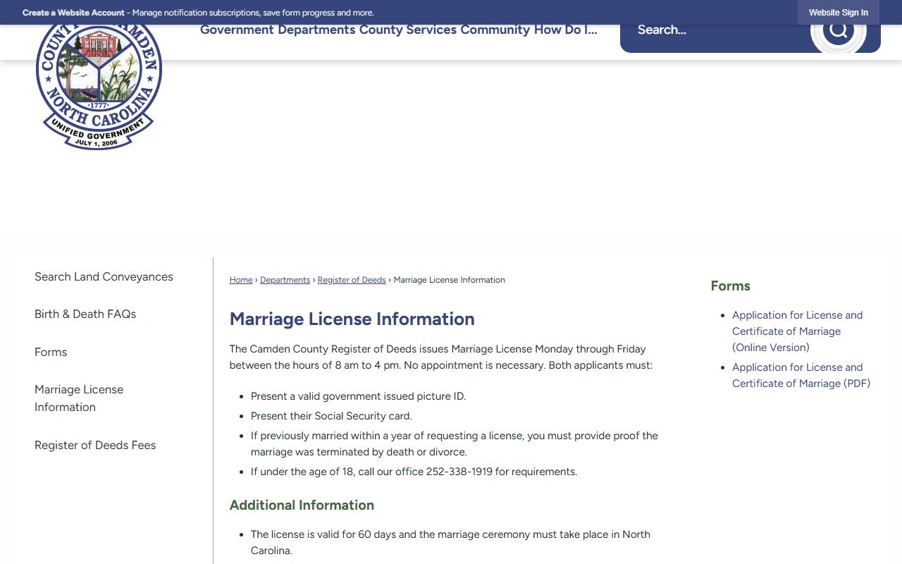 Camden County marriage license requirements and information page