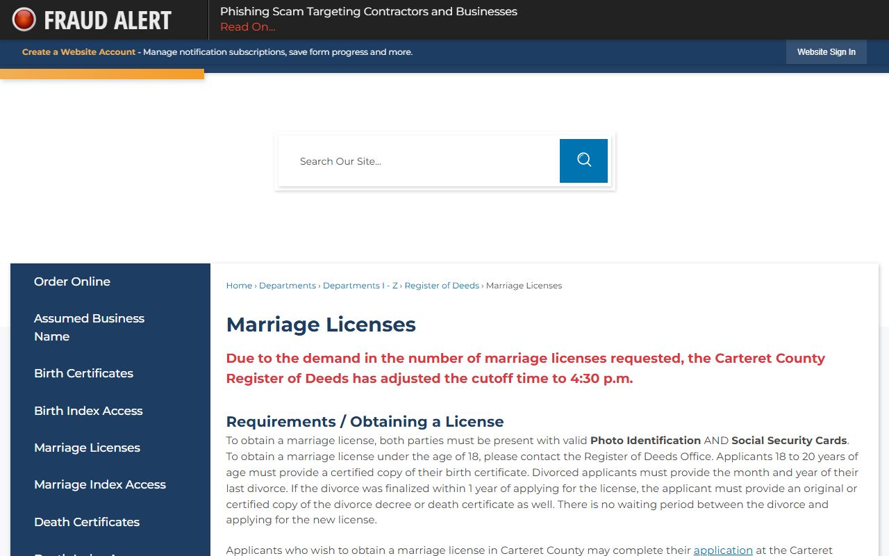 Carteret County marriage license page with requirements and application details in Beaufort NC