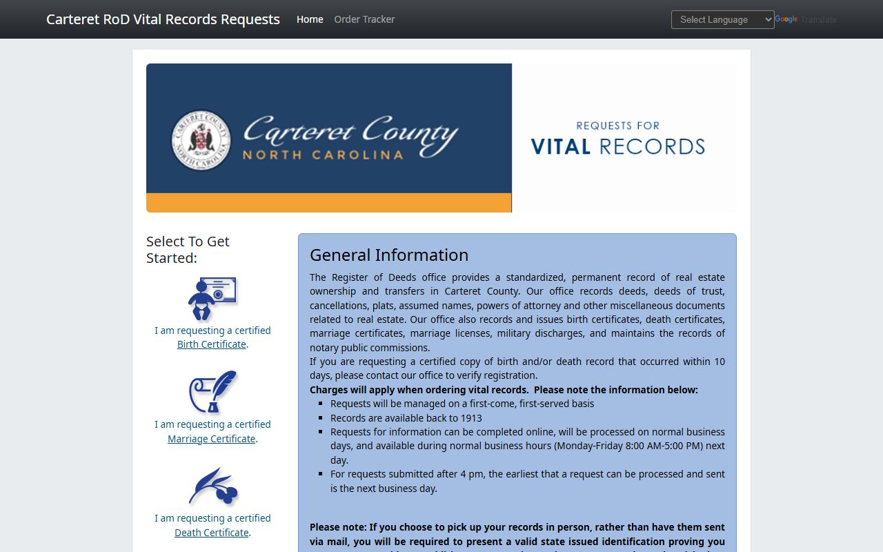 Carteret County online vital records portal for marriage certificate orders