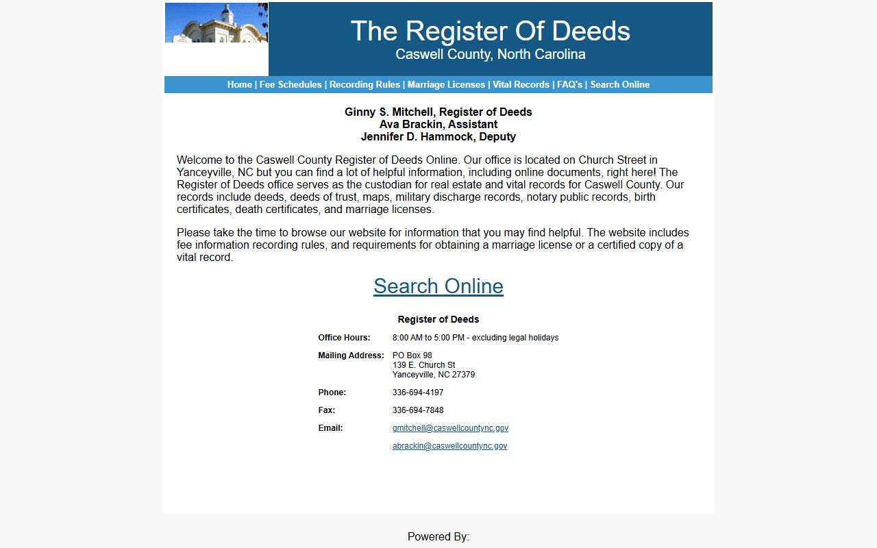 Caswell County Register of Deeds website for marriage license services in Yanceyville
