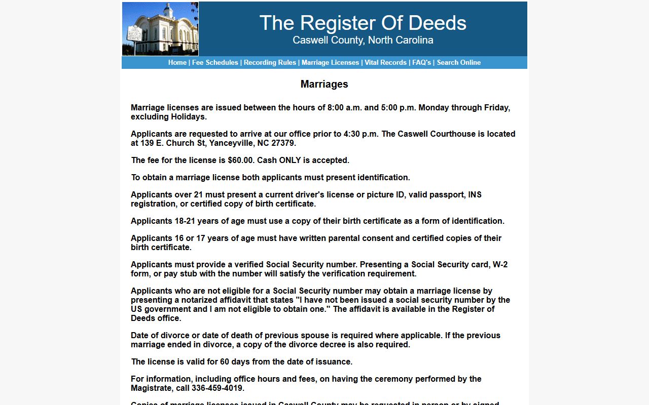 Caswell County marriage license requirements and age-based ID rules