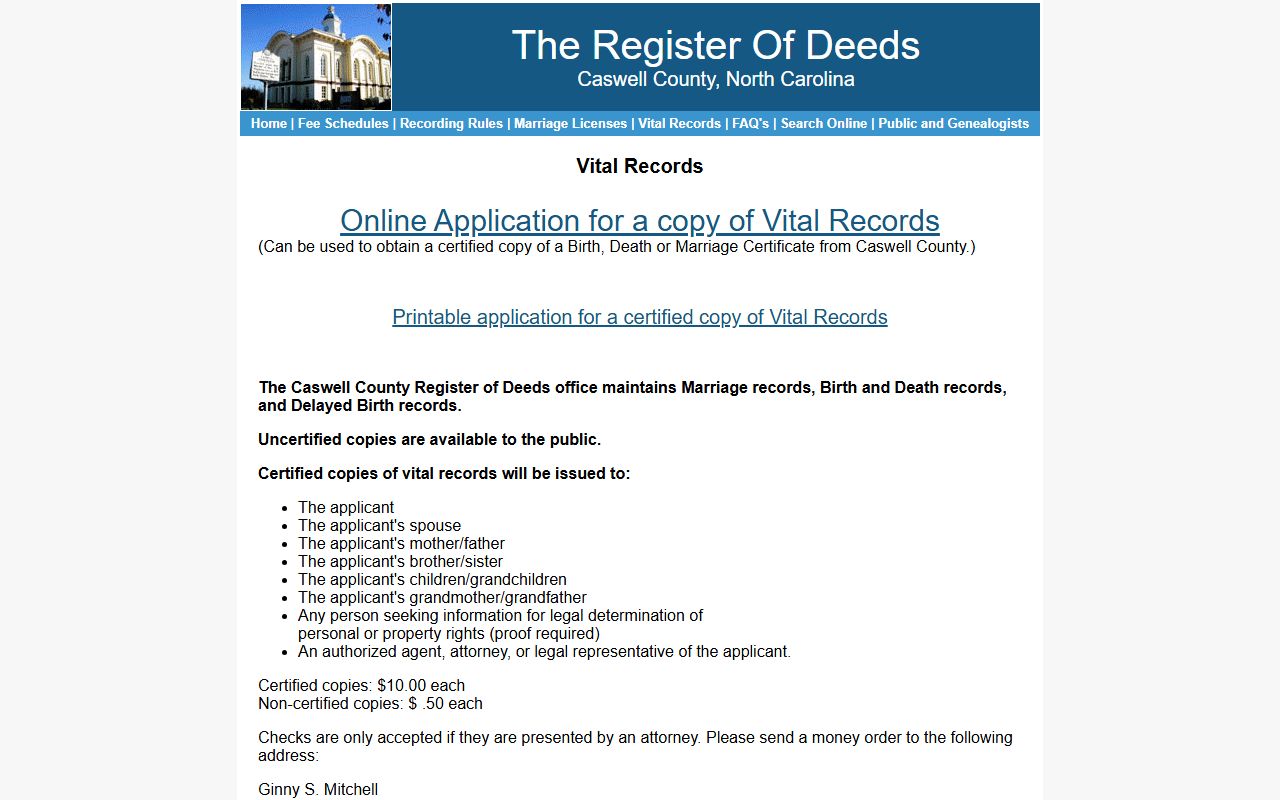Caswell County vital records request page for marriage certificate copies