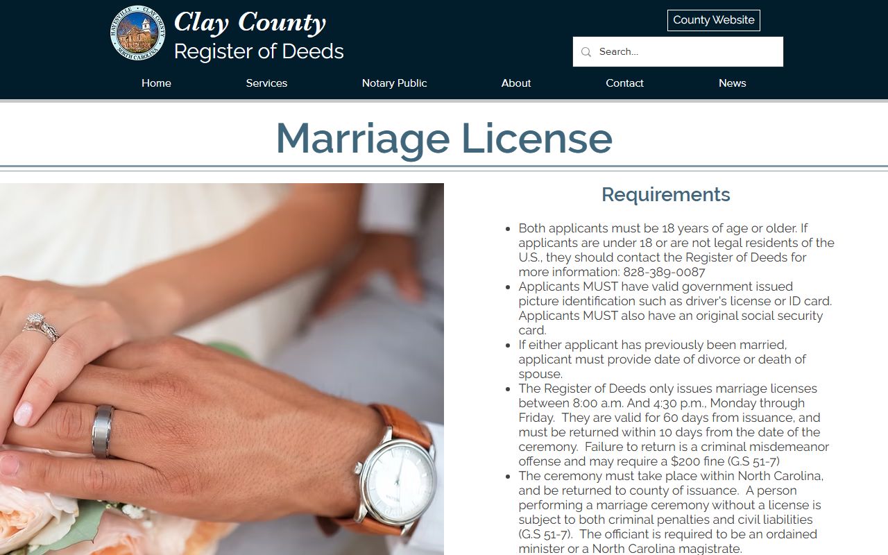Clay County Register of Deeds marriage license page