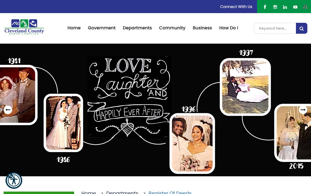 Cleveland County Register of Deeds office page for marriage license information