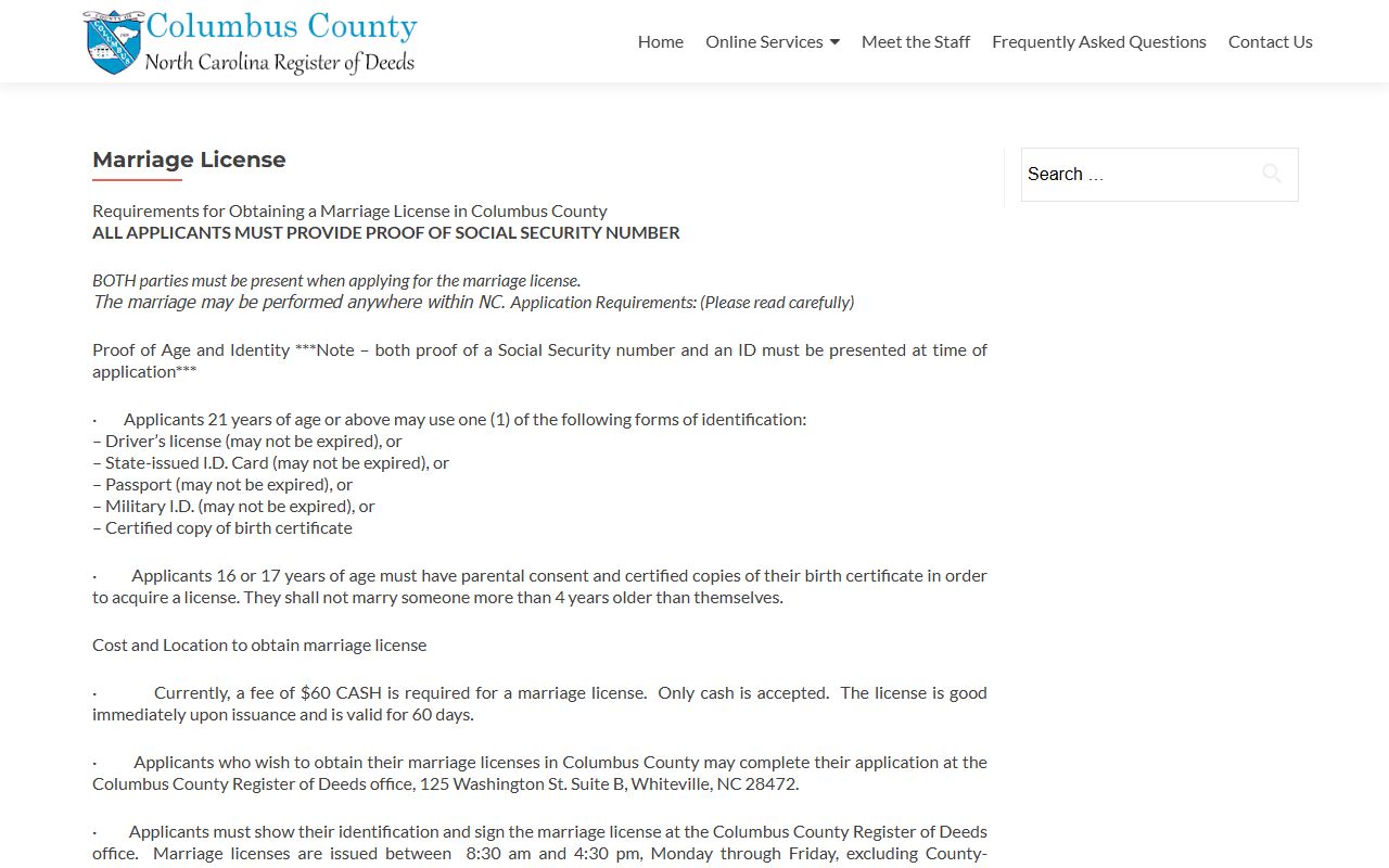 Columbus County marriage license requirements page