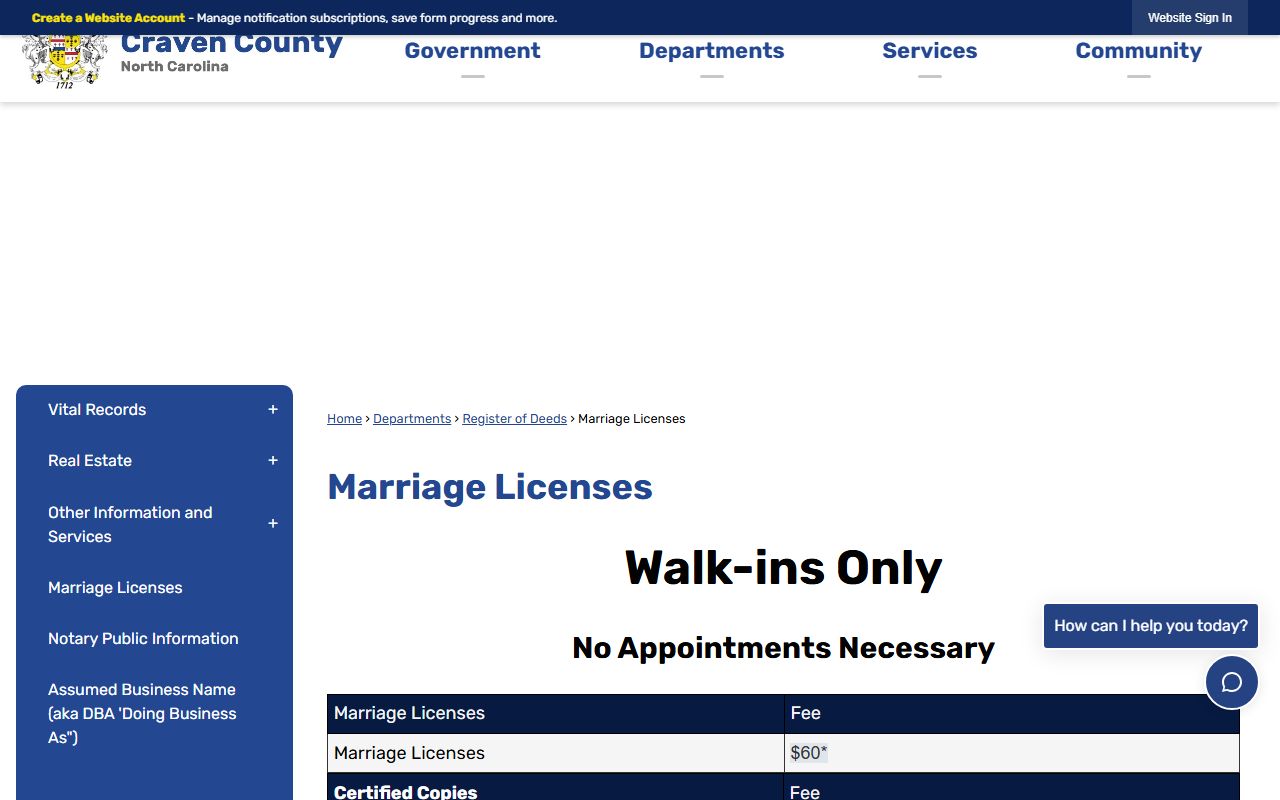 Craven County marriage license information page from the Register of Deeds