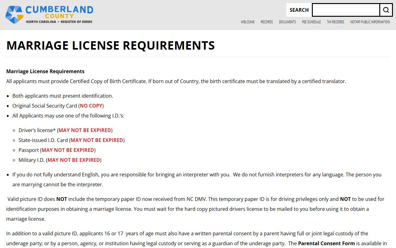 Cumberland County marriage license requirements page