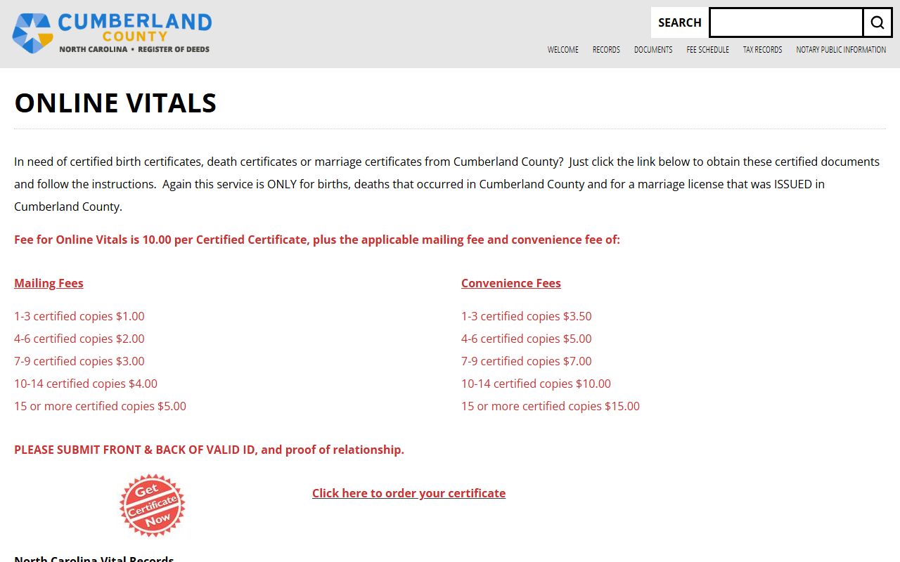 Cumberland County online vitals ordering page for marriage certificates