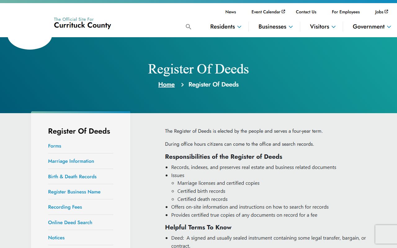 Currituck County Register of Deeds homepage for marriage license records