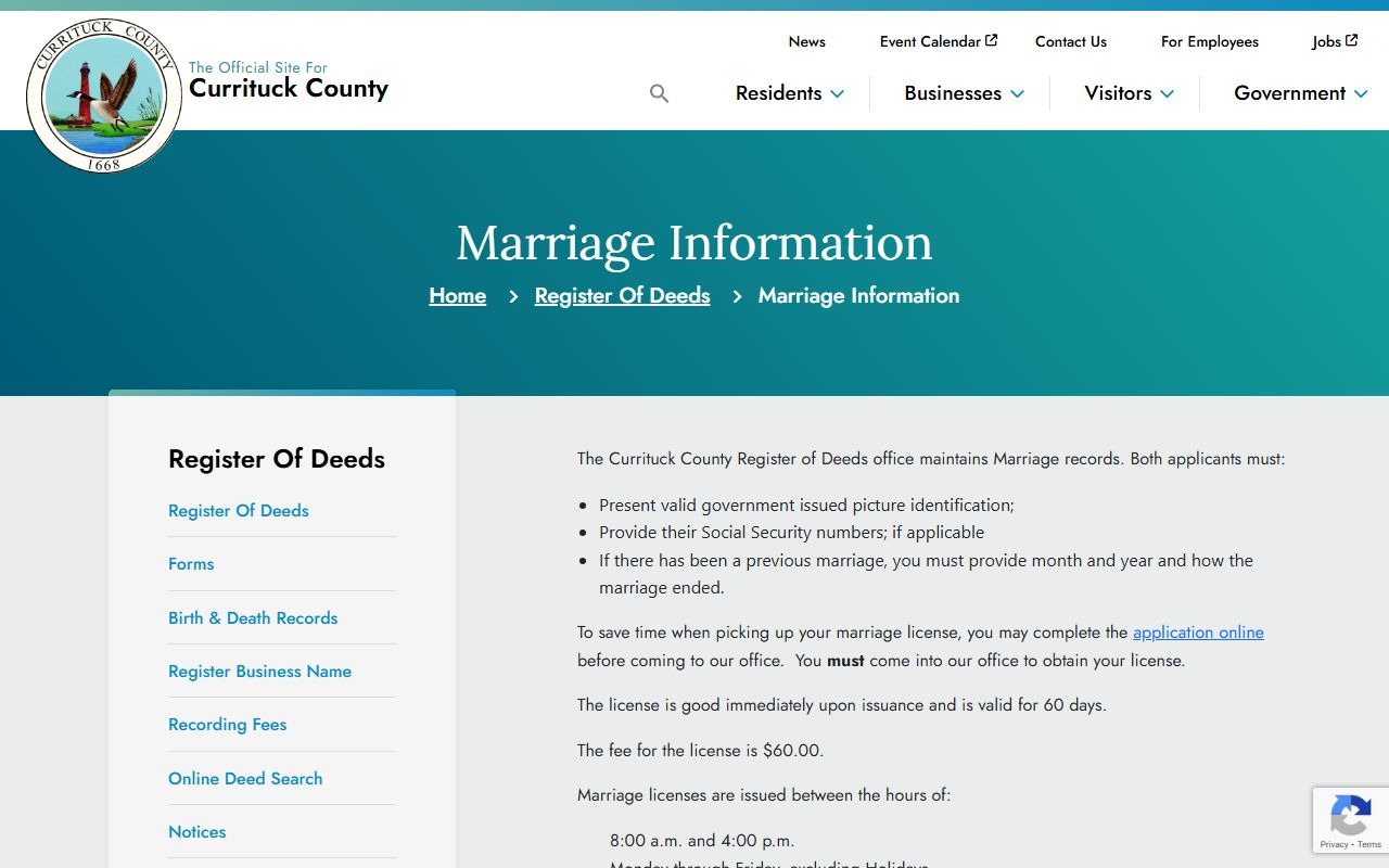 Currituck County marriage information page with requirements