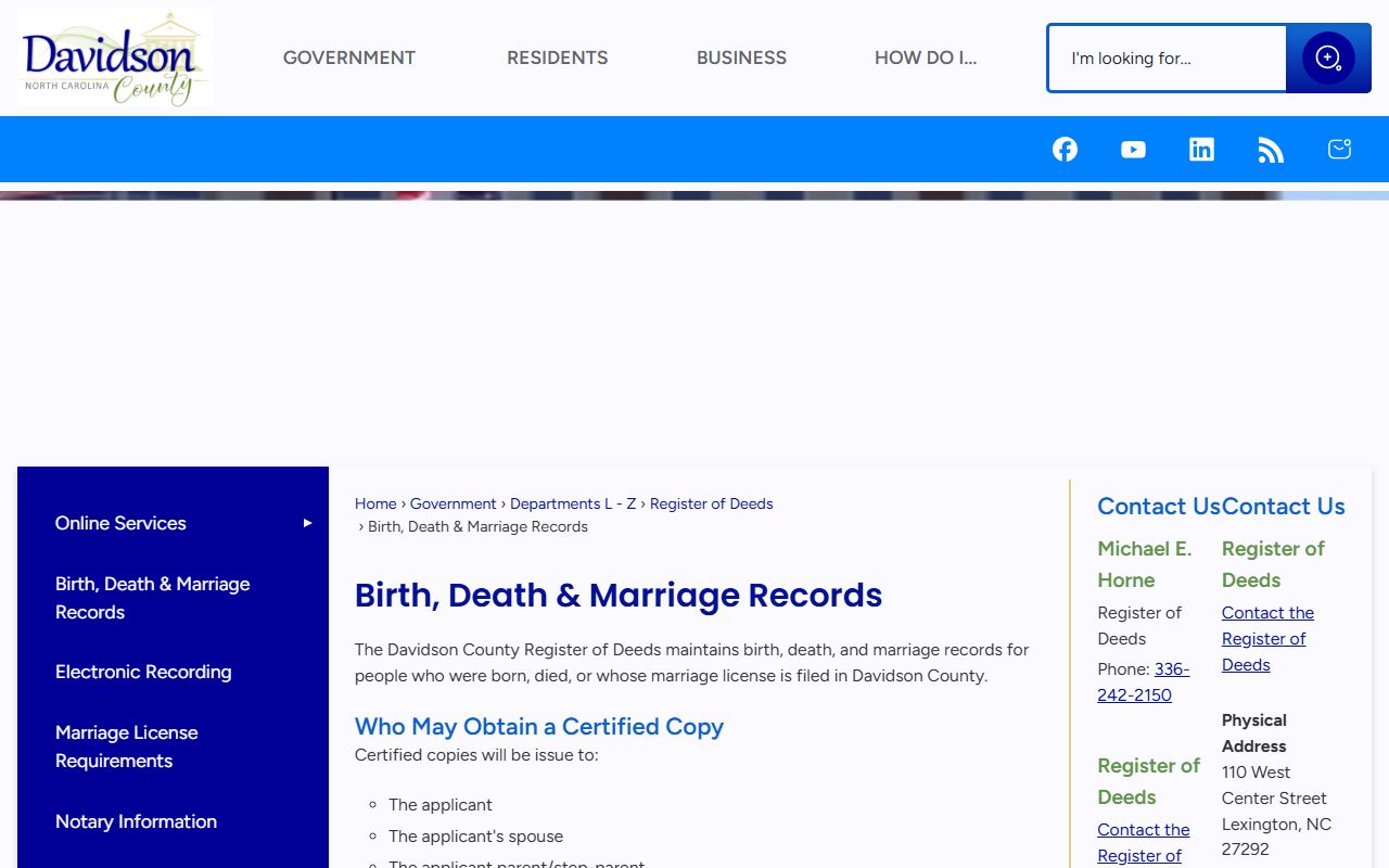 Davidson County vital records page for marriage license information
