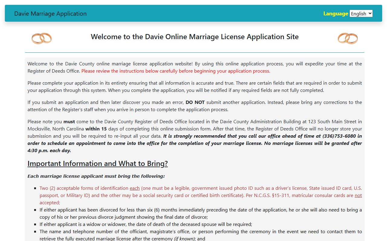 Davie County online marriage license application page