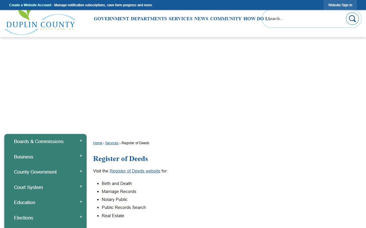 Duplin County Register of Deeds page for marriage license records