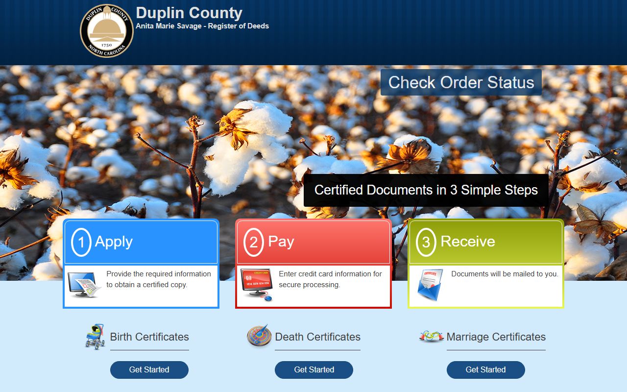 Duplin County online certificate ordering portal for marriage records