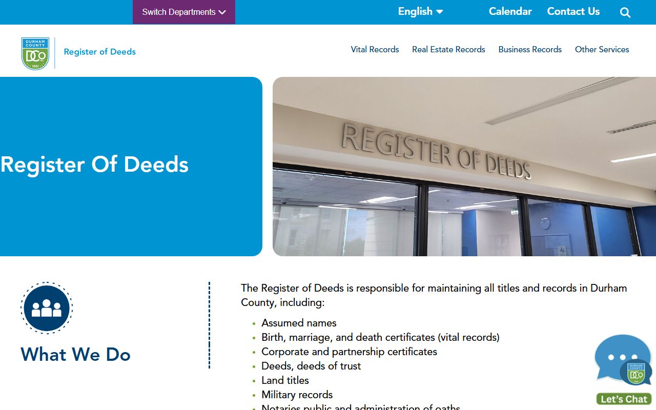 Durham County Register of Deeds homepage for marriage license records