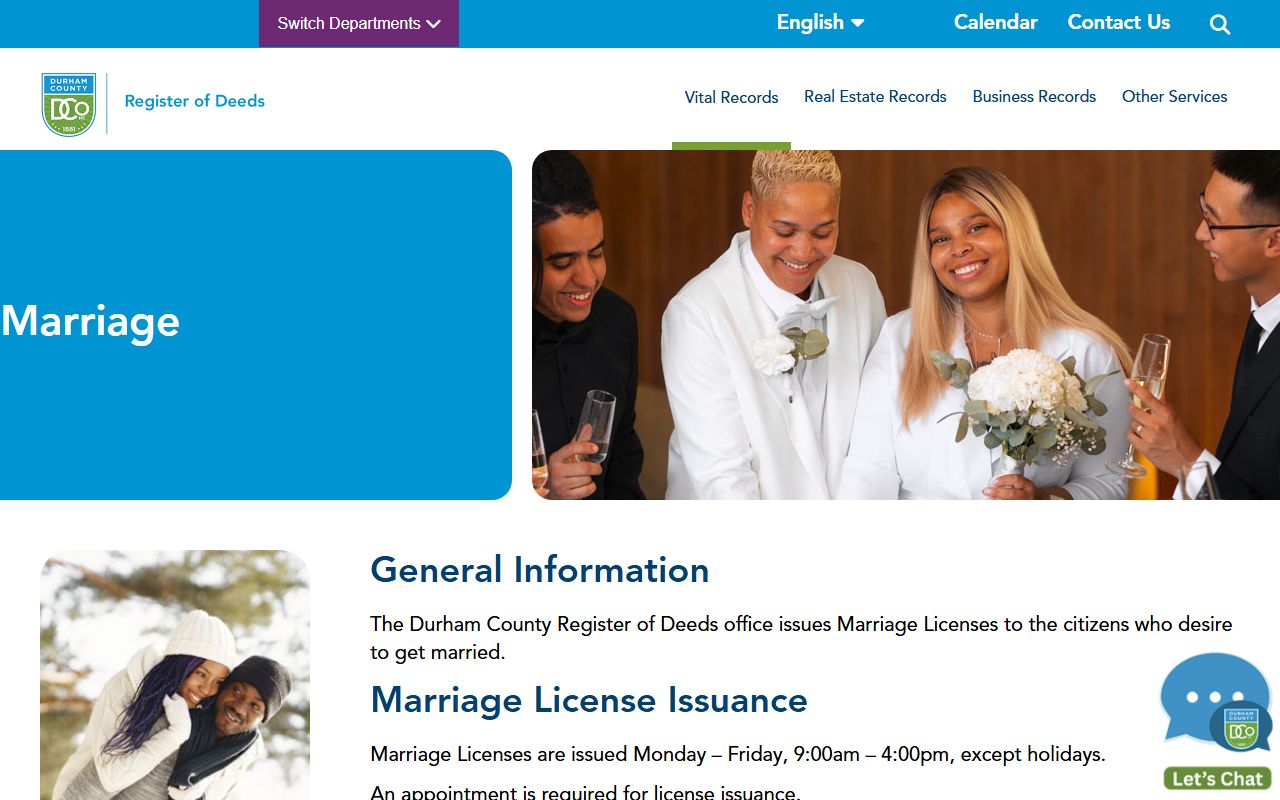 Durham County marriage license information page