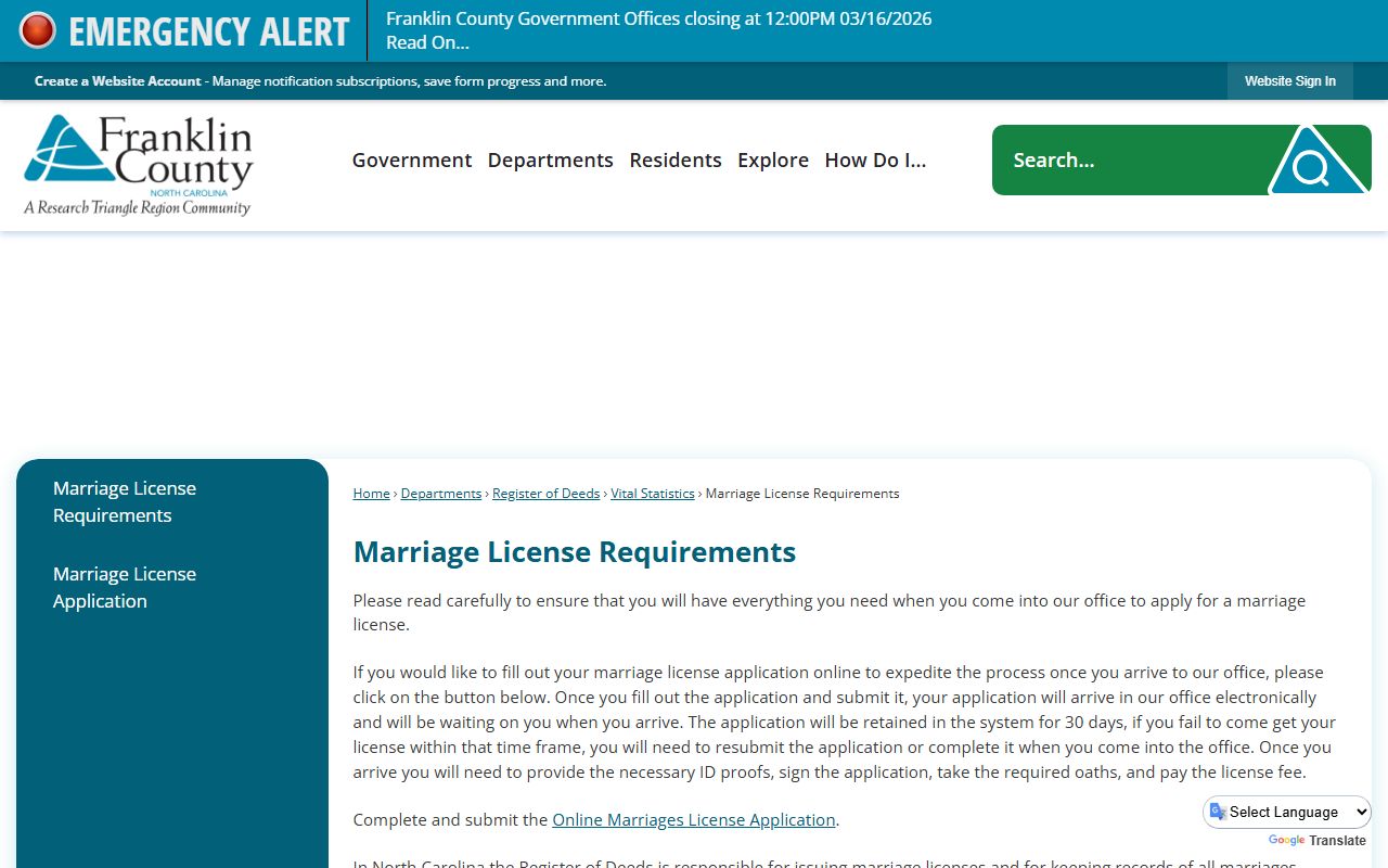 Franklin County marriage license requirements page