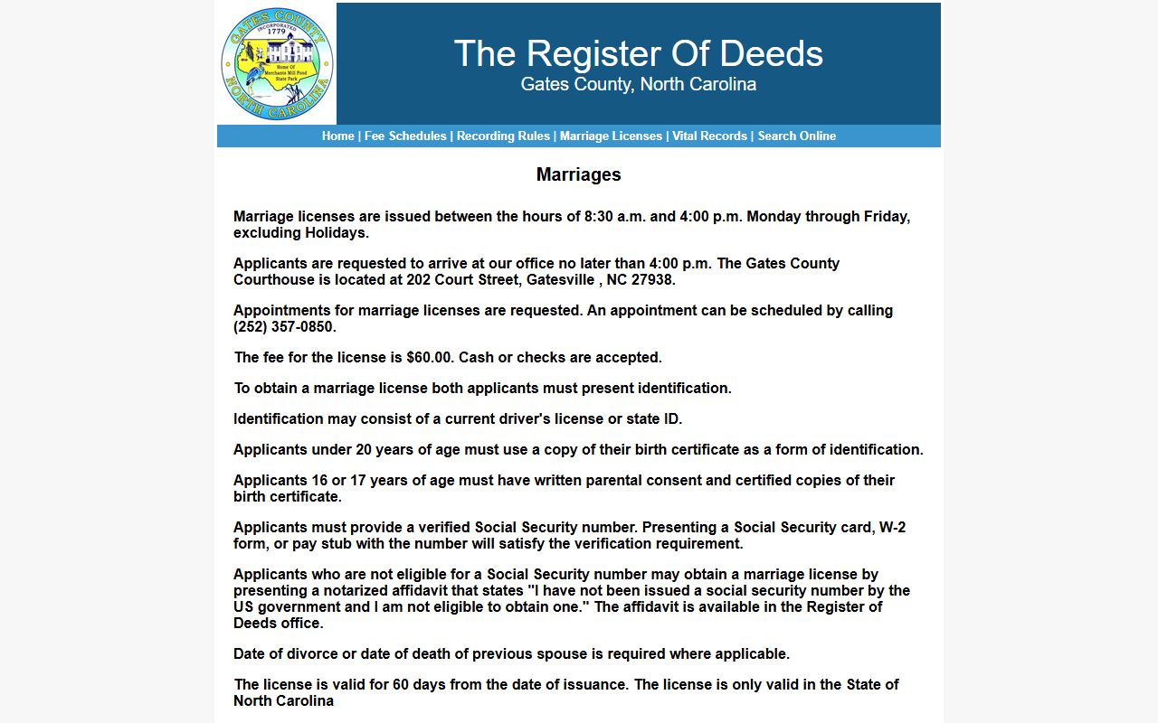 Gates County marriage license requirements and information page