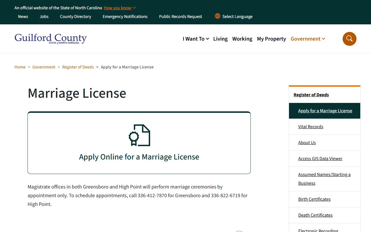 Guilford County marriage license application page