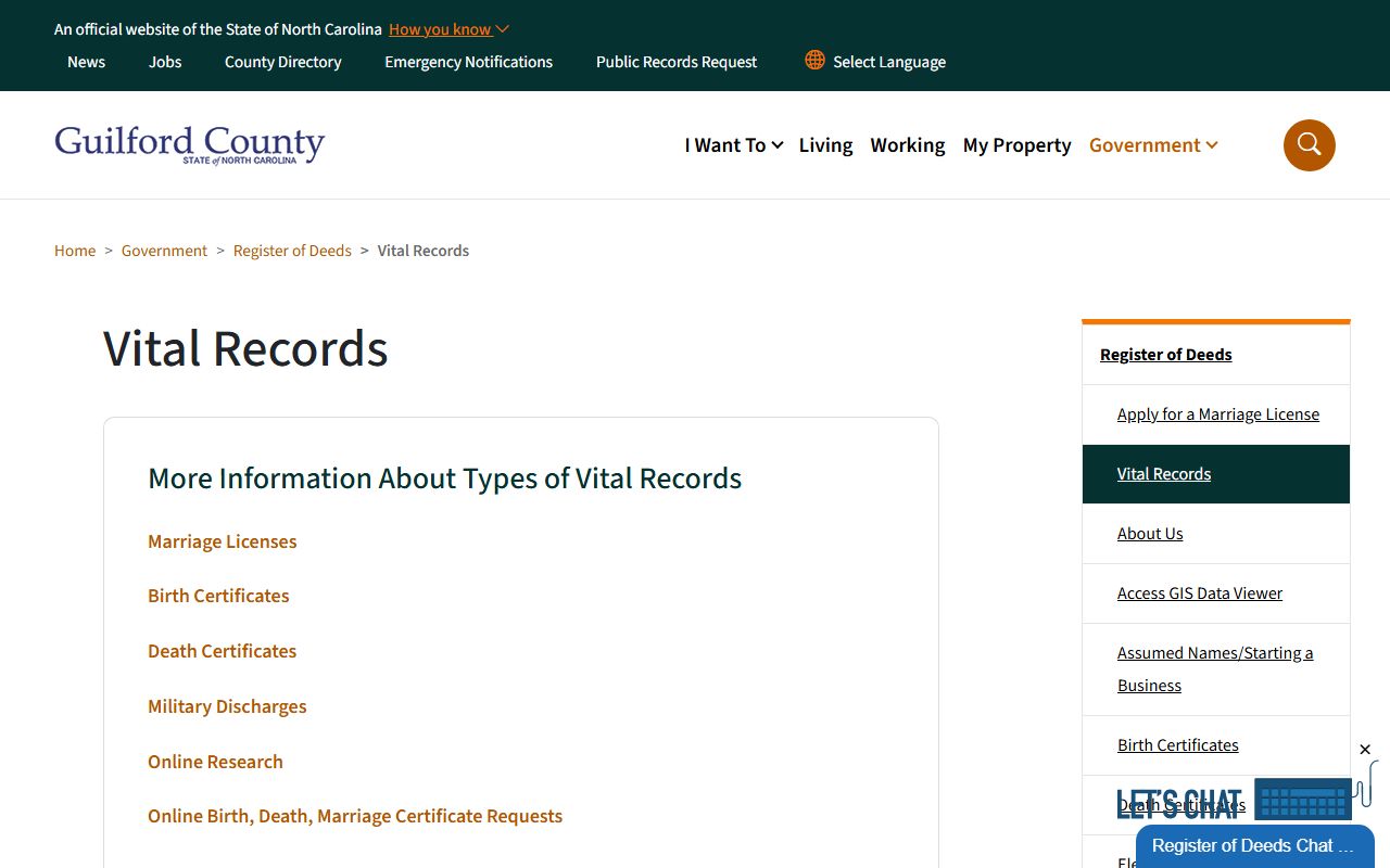 Guilford County vital records page for marriage license copies