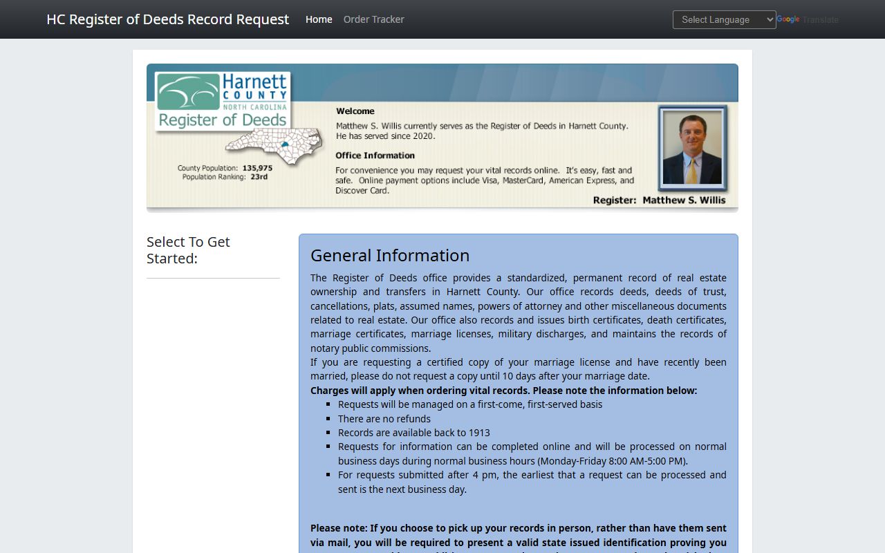 Harnett County online ordering portal for marriage license copies