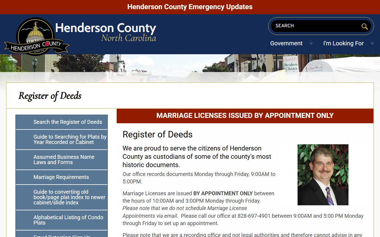 Henderson County Register of Deeds website for marriage license services