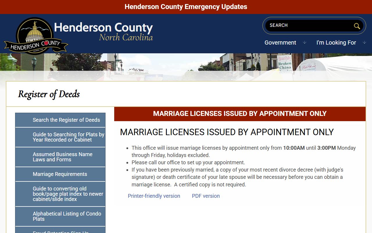 Henderson County appointment-only marriage license information page