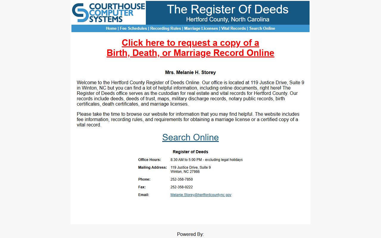 Hertford County Register of Deeds online portal for marriage license records