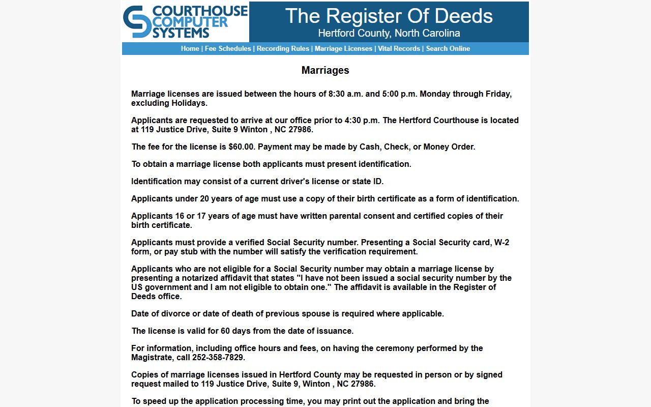 Hertford County marriage license requirements and application details