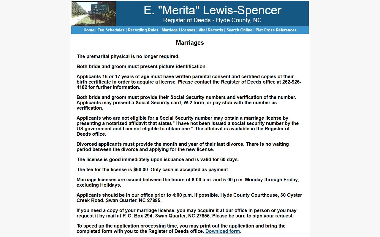 Hyde County marriage license requirements and application process