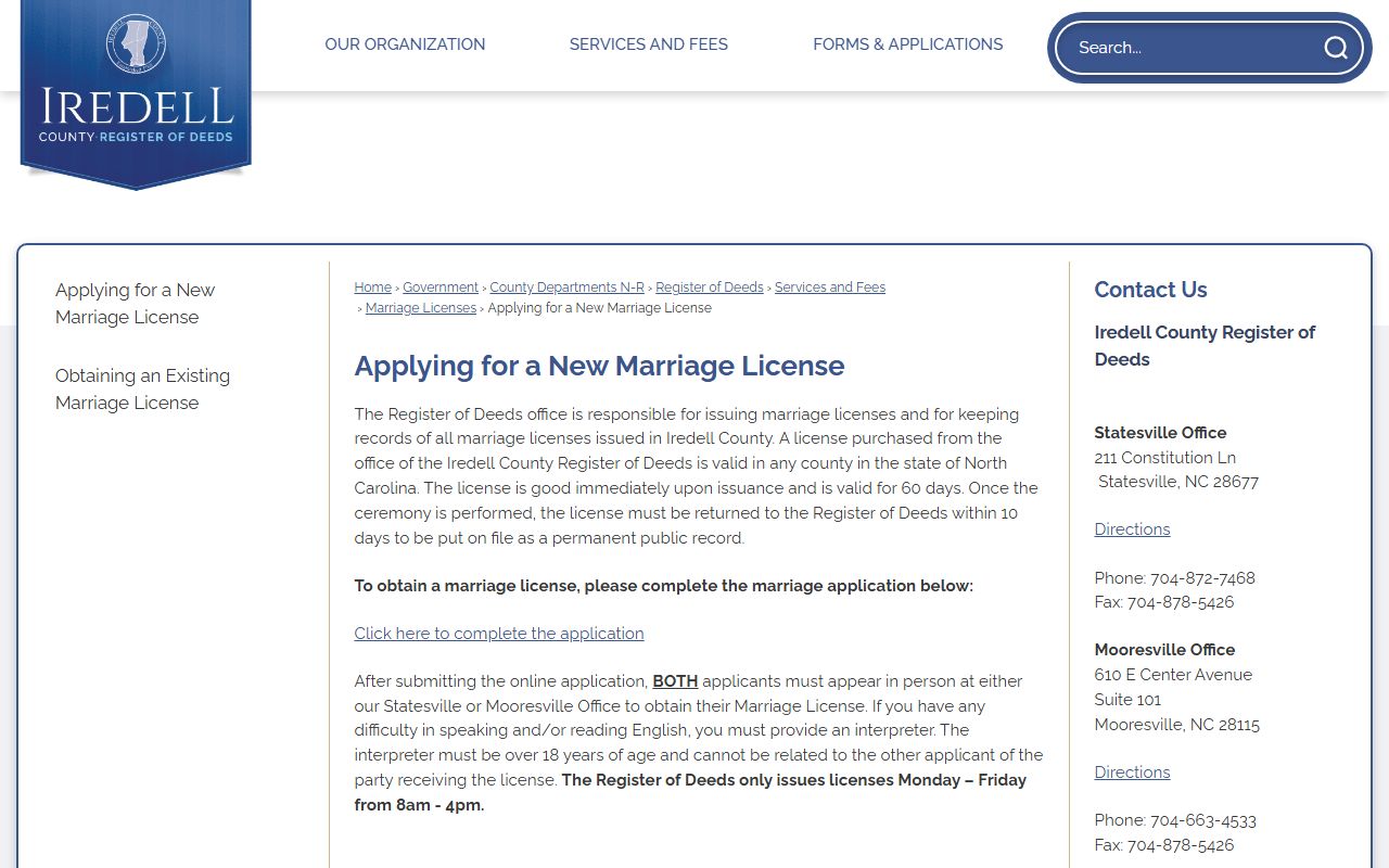 Iredell County marriage license application information page