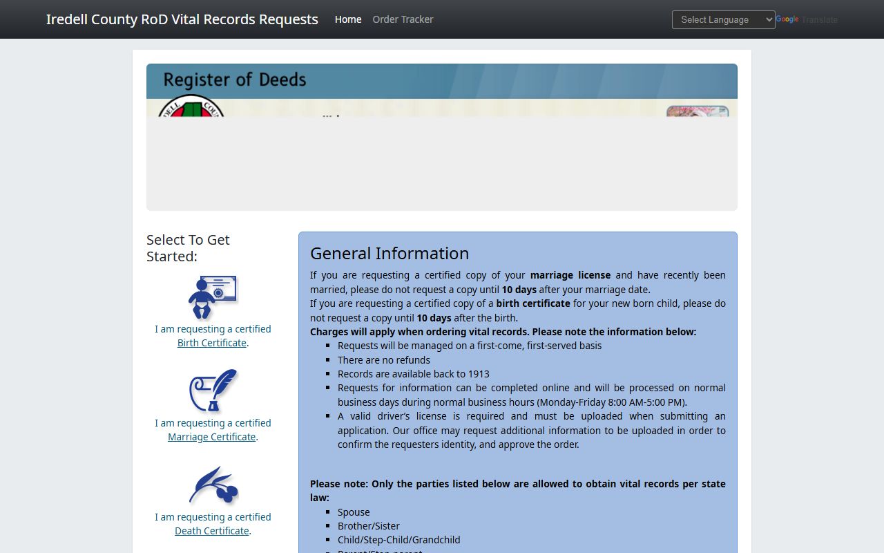Iredell County online vital records ordering system for marriage license copies