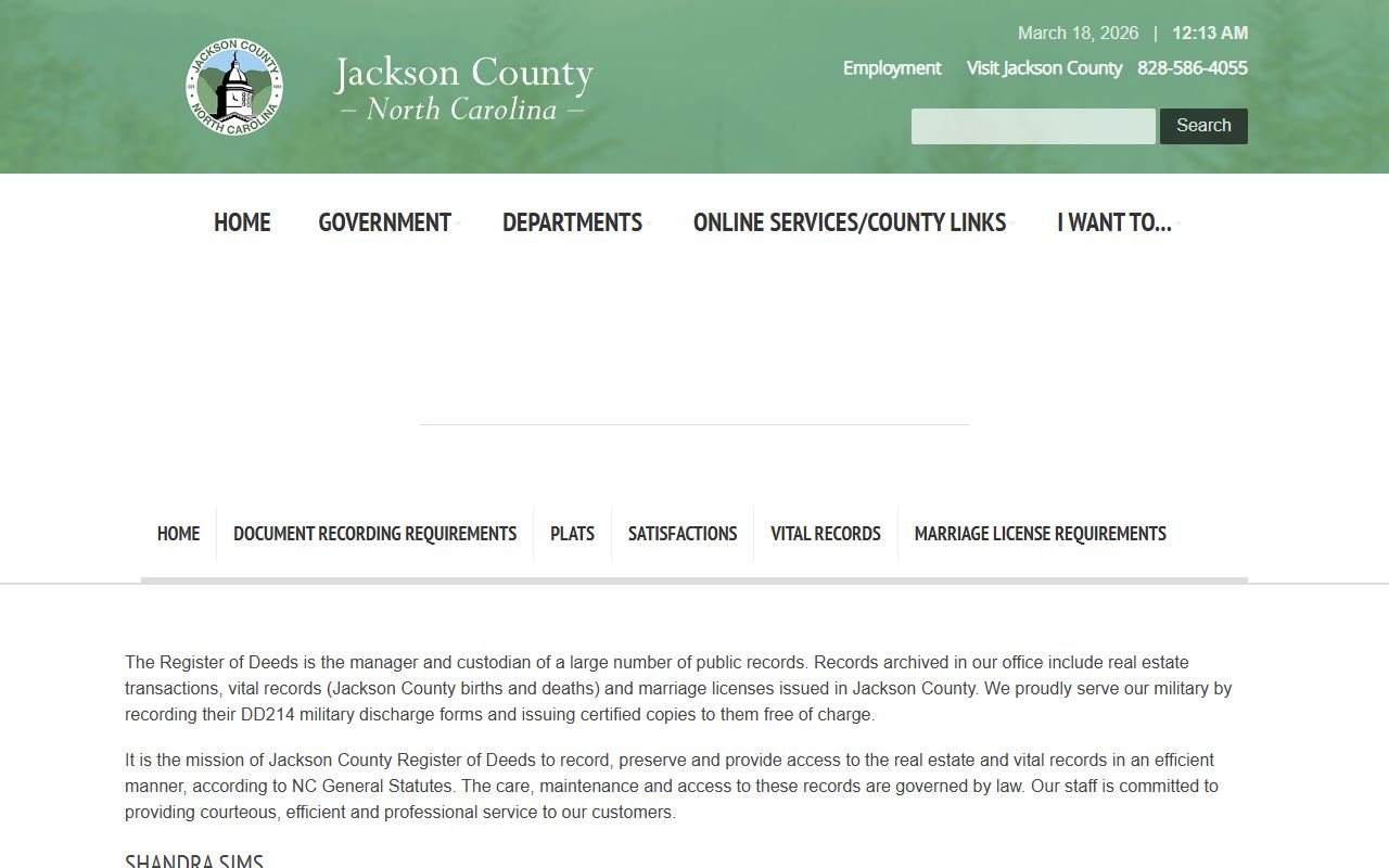 Jackson County Register of Deeds website for marriage license and record searches