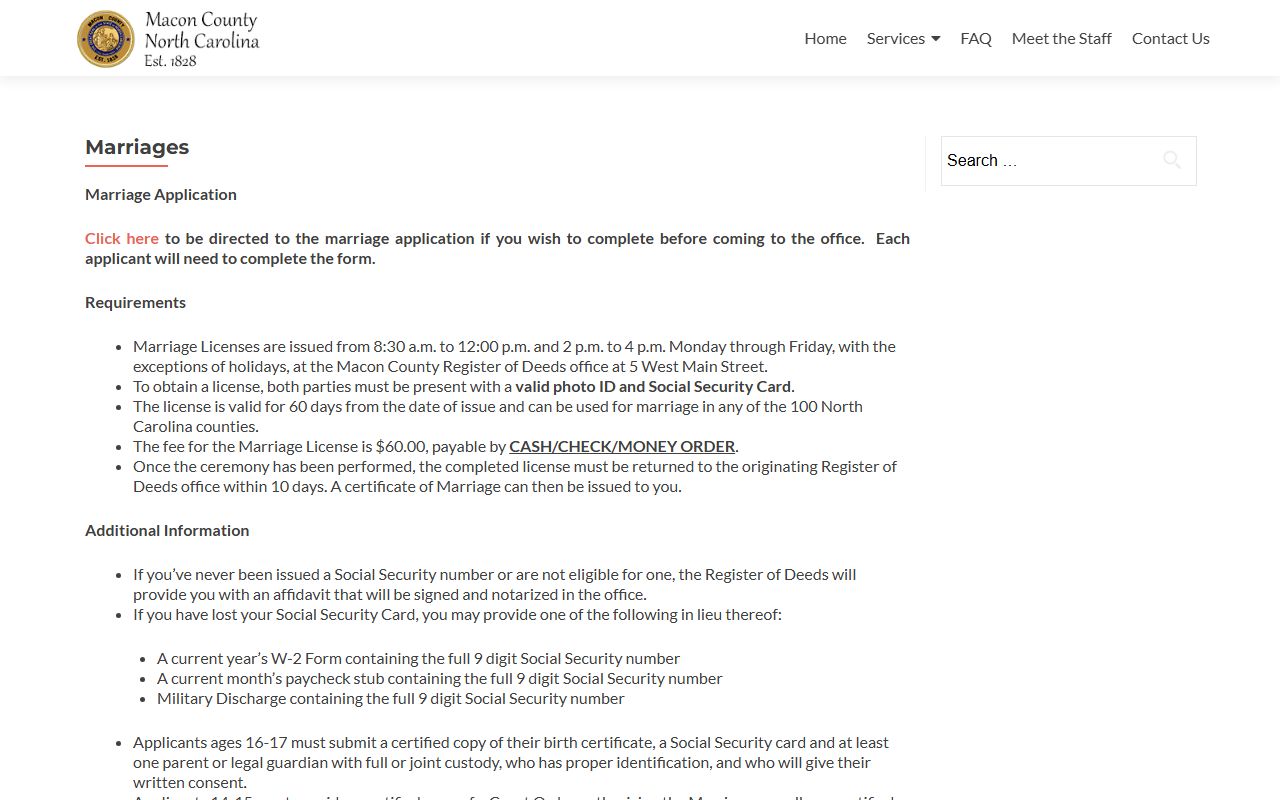 Macon County marriage certificates page with fees and requirements