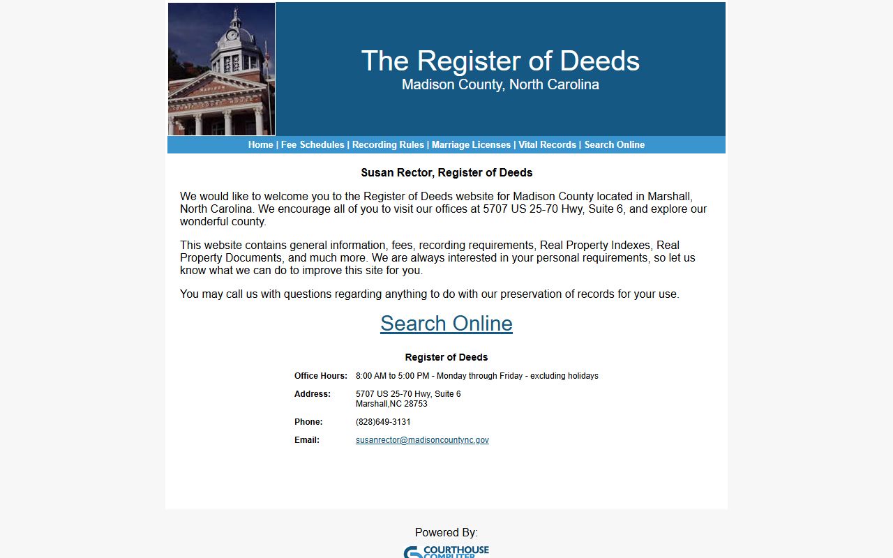 Madison County Register of Deeds website for marriage license and vital records