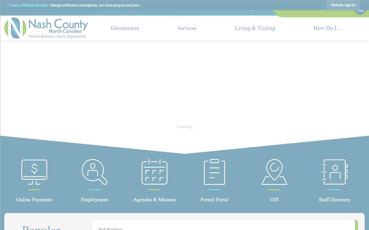 Nash County website homepage for marriage license records
