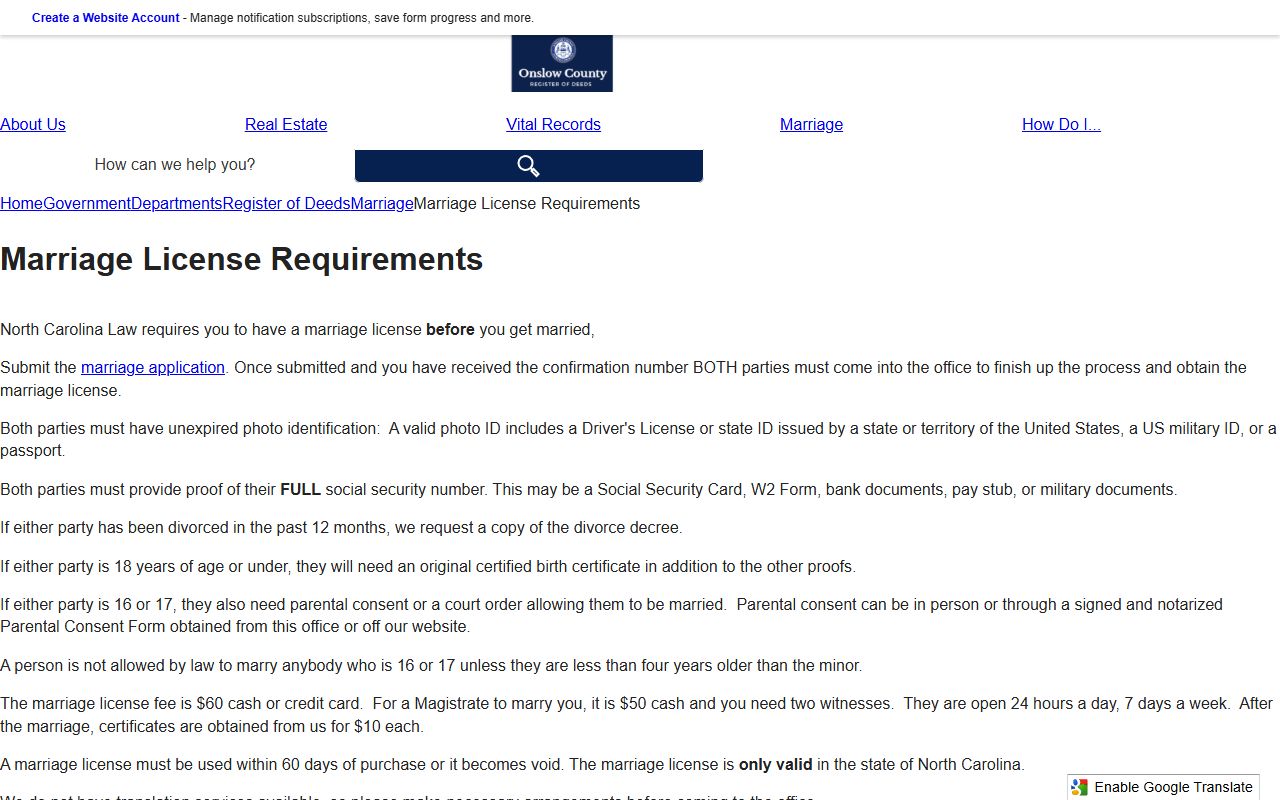 Onslow County marriage license requirements page