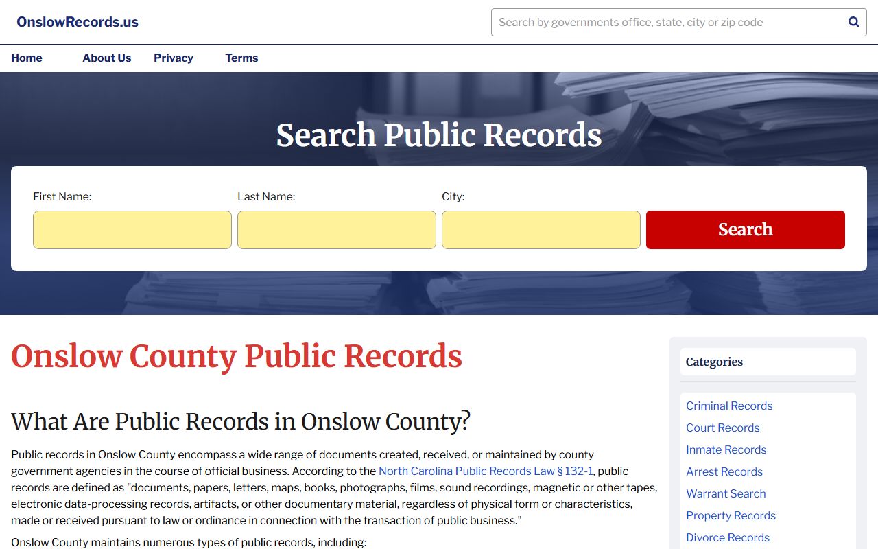 Onslow County public records search portal for marriage license records